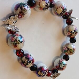Floral Bead Bracelet with Butterfly Accents - White & Burgundy